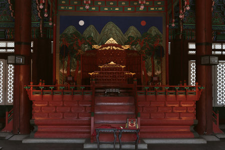 The extravagant throne in the main hall of Gyeongbokgung Palace in Seoul, South Korea