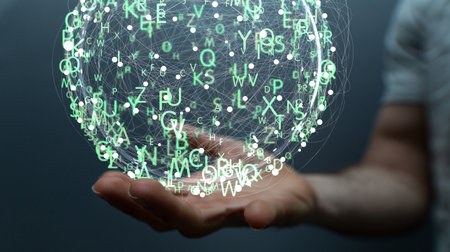 A 3D rendered futuristic globe with data connected to each other held in a person's handの写真素材