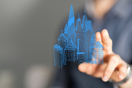 A 3D rendering of abstract blue-colored buildings; the concept of real estate investingの写真素材