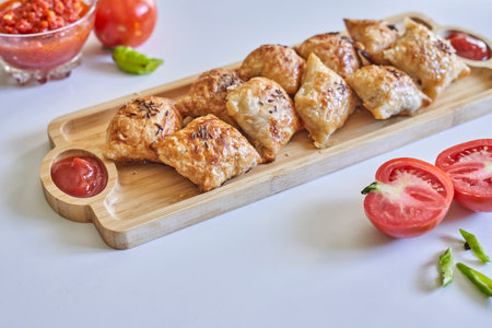 The homemade pies with tomato sauce on a wooden serving boardの写真素材