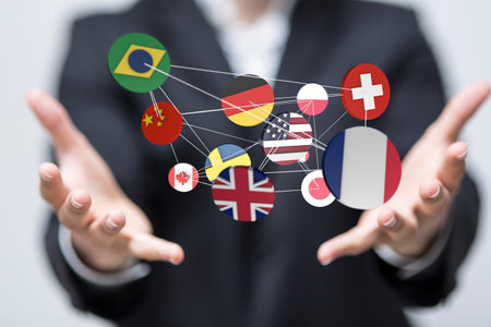 A 3D rendered stickers of different countries hovering over a person's handsの写真素材