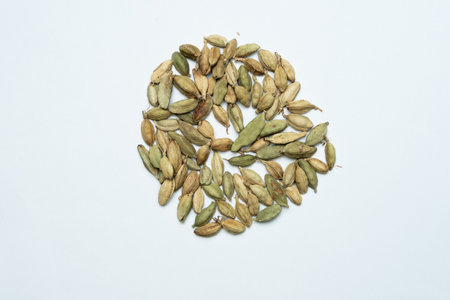 A closeup of cardamos isolated on a white background with free space for textの写真素材