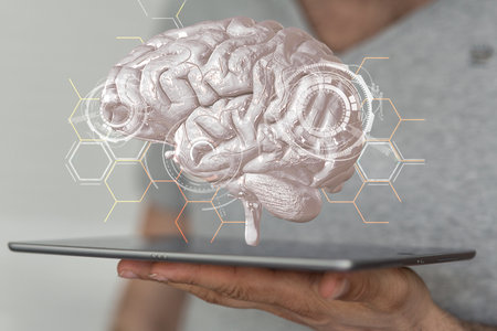 The 3D rendered brain hovering over the person's hand holding a tabletの写真素材