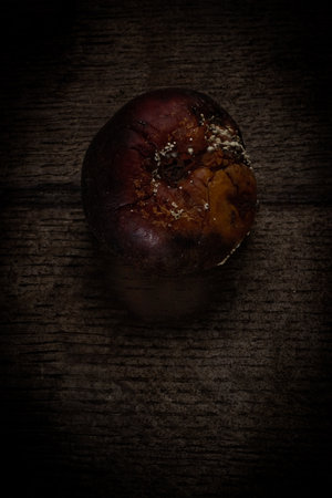 A vertical shot of a rotten apple with mold on it on a wooden surfaceの写真素材