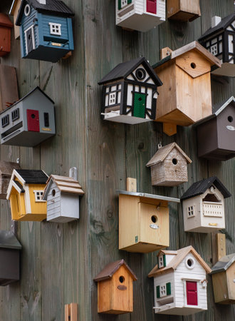 A closeup shot of birds houses on the wallの写真素材