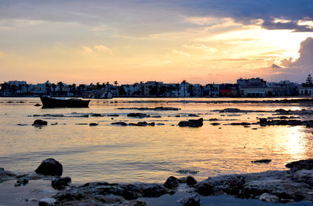 View of the harbor in Porto Cesareo a fishing town in Salento in the south of Italyの写真素材