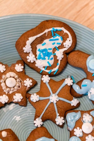 A top view of a delicious decorative cookies with flower and heart shapesの写真素材