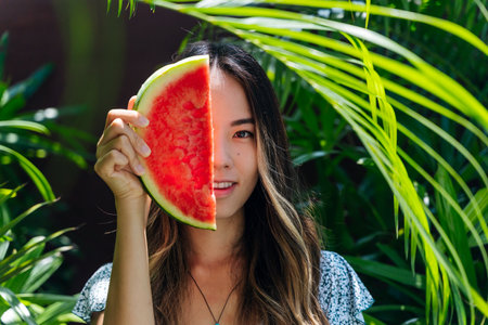 A portrait of a young adult East Asian woman holding a slice of watermelon in a garden in Bali, Indonesiaの写真素材