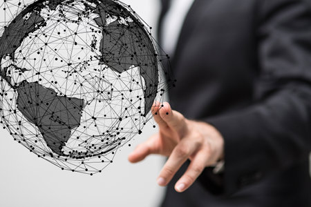 A 3D rendering of a businessman pointing global digital connections