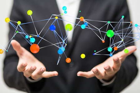 A 3D rendered connected data held in a person's handの写真素材