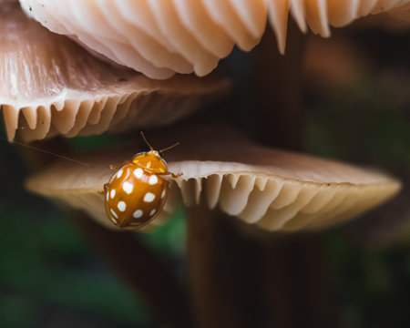A Young ladybug is sitting on a mushroom - closeupの写真素材
