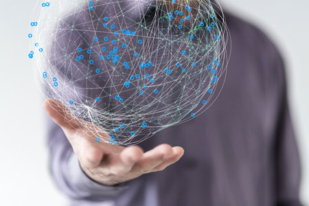 A 3D rendering of globaldigital connections floating on a businessman's handの写真素材