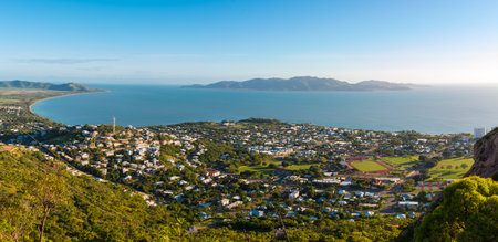 Panoramic view over Townsville, Queensland, Australia. 
Sunrise at 6pm on castle hill.のeditorial素材
