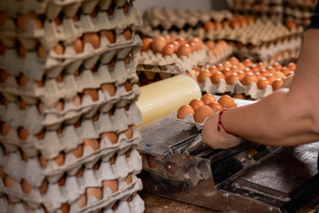 A female organizing some farm eggs to send to the shops to sellの写真素材