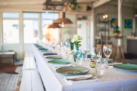 A beautifully decorated interiors of a beach restaurant during the day