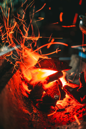 A vertical shot of the charcoal flaming for making BBQ.