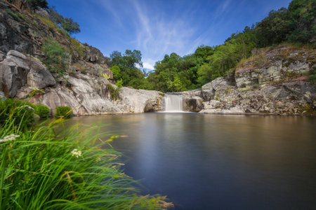 A waterfall flawing into the pond in a forest under the cloudy skiesの写真素材