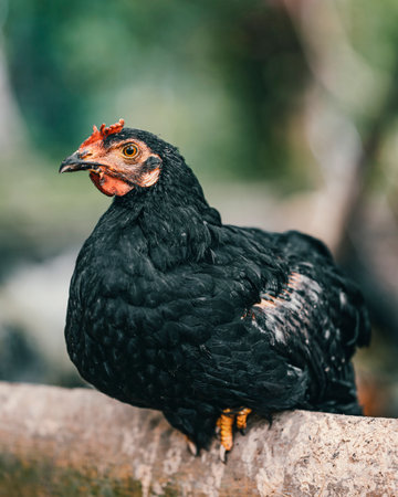 A close-up shot of a black chicken on a wooden log on a blurred backgroundの写真素材