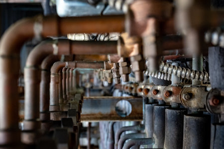 The weathered rusty refrigeration rack in a factoryの写真素材