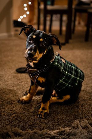 A vertical shot of a cute, black dog in a house with a blurred backgroundの写真素材