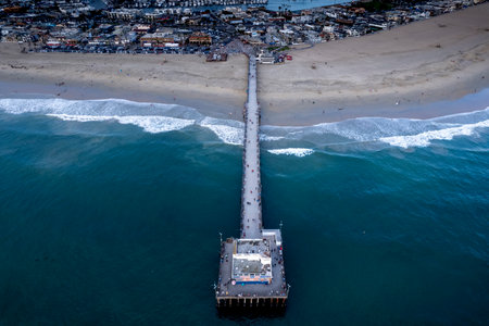 An aerial view of a long bridge in Newport Beach, Californiaの写真素材