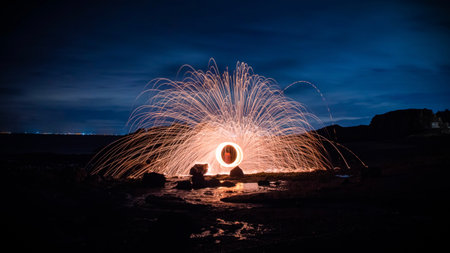 A wire wool photography with long exposure outdoors in Ayrshire