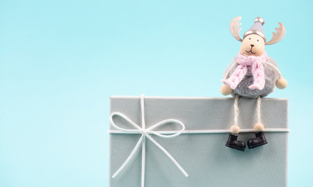 Christmas reindeer, holiday grreeting card, wintertime, copy space, blue color, xmas seasonの写真素材