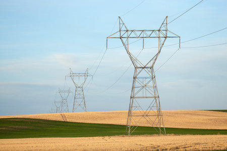 A row of high voltage pylons at a field against a cloudy sky in southeastern Wyoming
