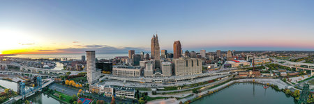 A panoramic shot of Manhattan during the beautiful sunset