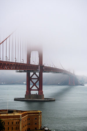 A vertical shot of the Golden Gate bridge with moving cars on a cold foggy day in the USA