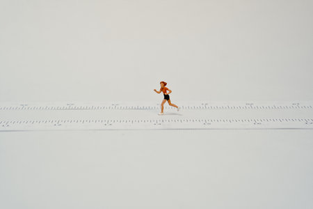 A miniature jogger while running next to a tape measure - white background, copy spaceの写真素材