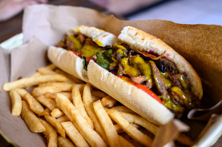 A closeup of delicious burger with fries