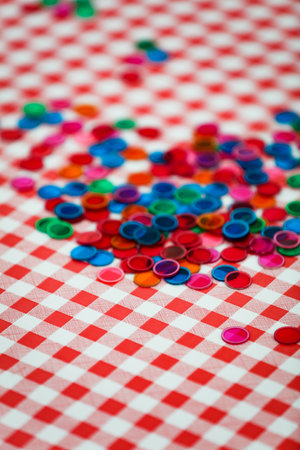 a vertical shot set of colorful decorative bingo chips art pattern circles on a red and white linenの写真素材