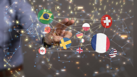 A 3D render of states and their flags with a human from the background