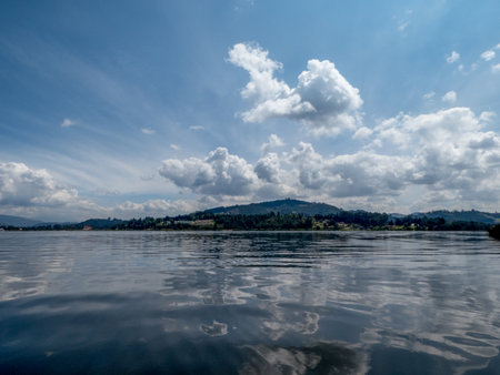A scenic view of the Sochagota Lake in Colombia on a clear sky backgroundの写真素材