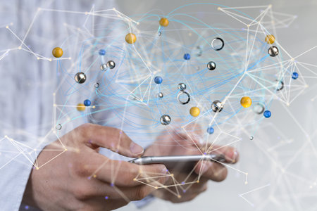 A 3D render of neural network with a human from the background
