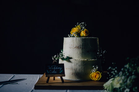 A closeup shot of a two-layered wedding cake with yellow rosesの写真素材