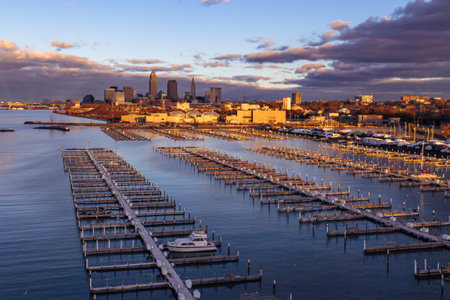 An aerial view of downtown Cleveland next to the docks at Edgewater Park, Ohio