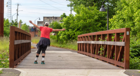 A male rollerskating on a wooden bridge in a park during the day