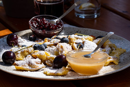 A closeup shot of a typical Austrian dessert called Kaiserschmarrn in Dolomites, Italyの写真素材