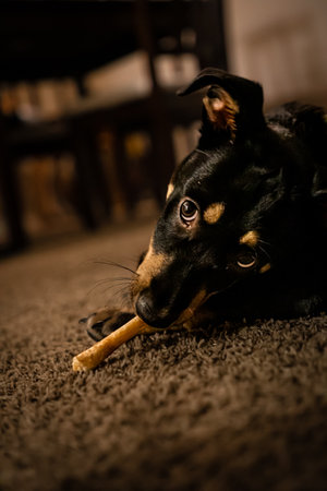 A vertical shot of a cute, black dog with a blurred background