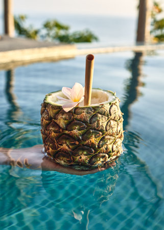 A vertical shot of a person holding a pineapple drink at the pool