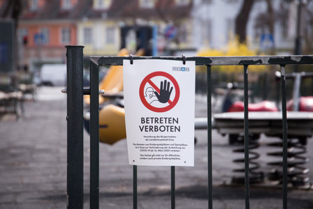 Closed playground and park and empty streets during Lockdown due to Covid 19 virus lockdown in Graz...