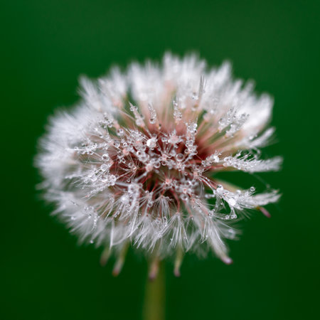 A selective focus of raindrops on a dandelion flower on a blurred green background