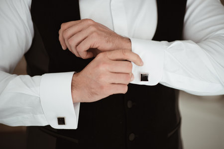 A close-up shot of a man in a suit aligning sleeves