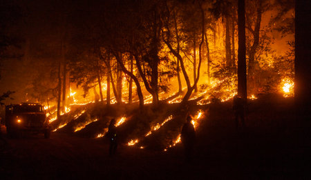 A breathtaking shot of a bunch of firefighters trying to extinguish the burning forest