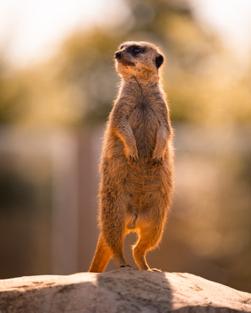 A vertical shot of a meerkat standing on a rockの写真素材
