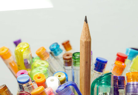 A closeup shot of colorful pens and pencilsの写真素材