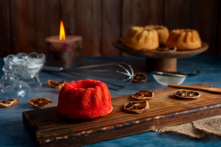 A red cake on a wooden board with a candle on the backgroundの写真素材