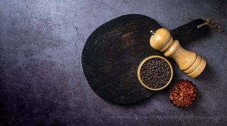 A top view of a wooden board and Indian seasonings on a table